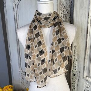 Geometric Patterned Sheer Scarf in Beige and Black and White Geometric Paytern